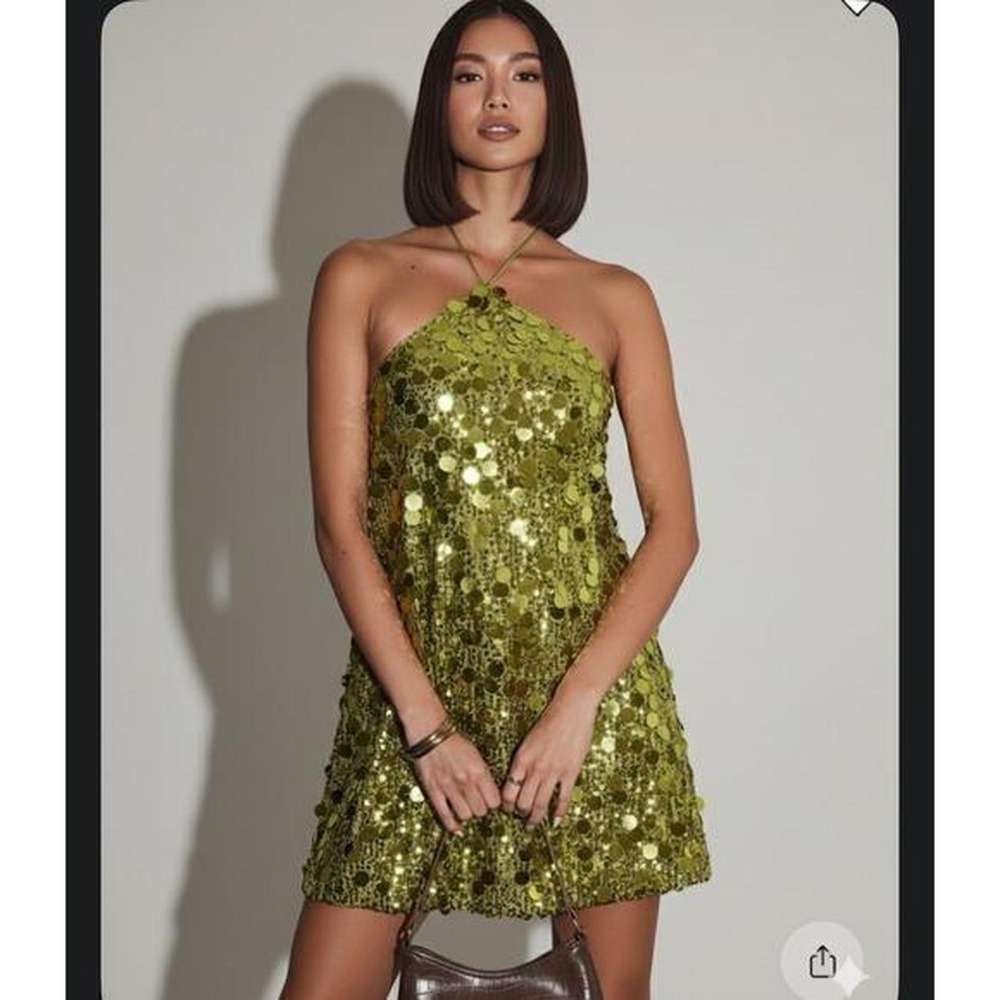 Princess Polly Fluorescent Green Sequin Halter Mini Dress Open Back Party US 12
